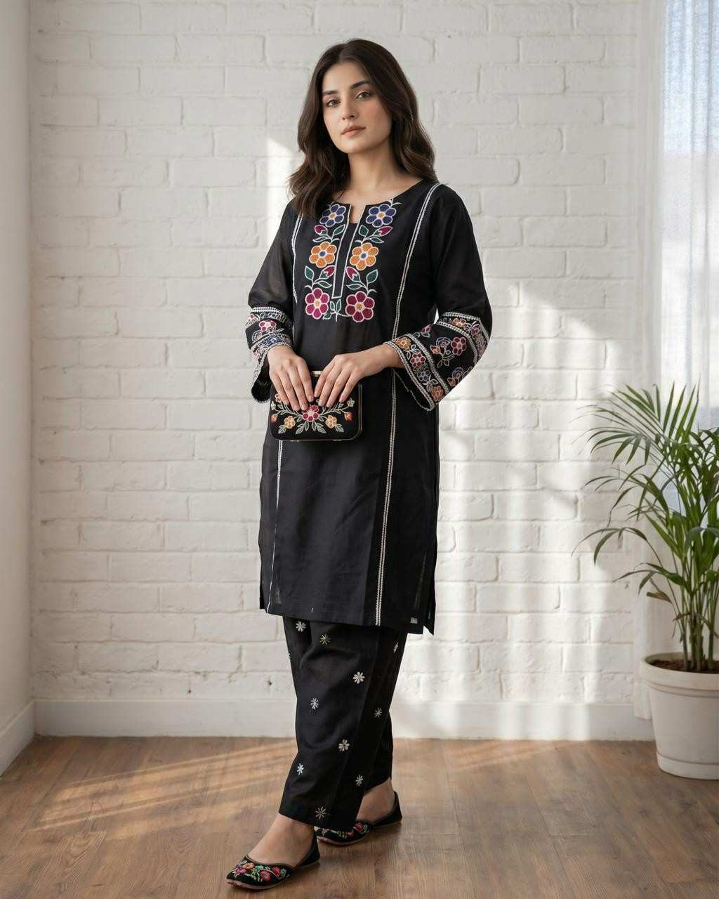 Black Floral Embroidered Co-ord Set