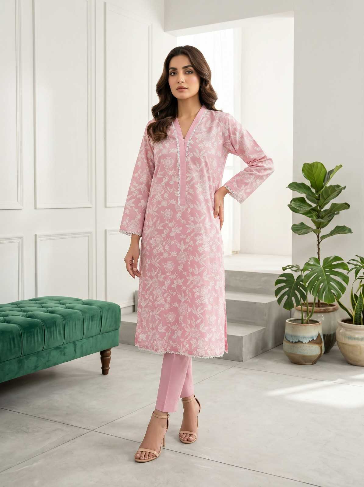 Elegant Pink Printed Cotton Co-Ord Set - Image 2