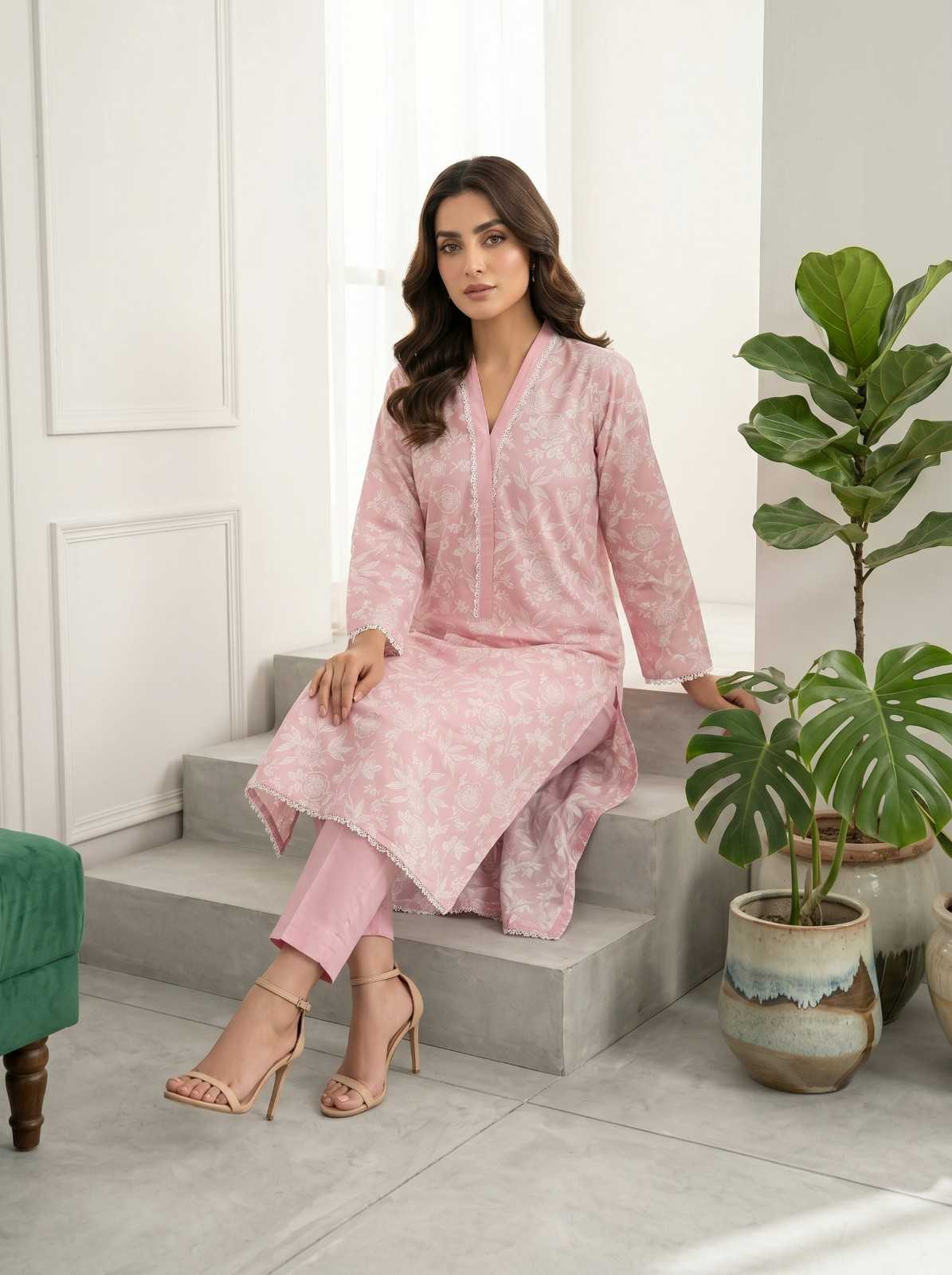 Elegant Pink Printed Cotton Co-Ord Set - Image 6