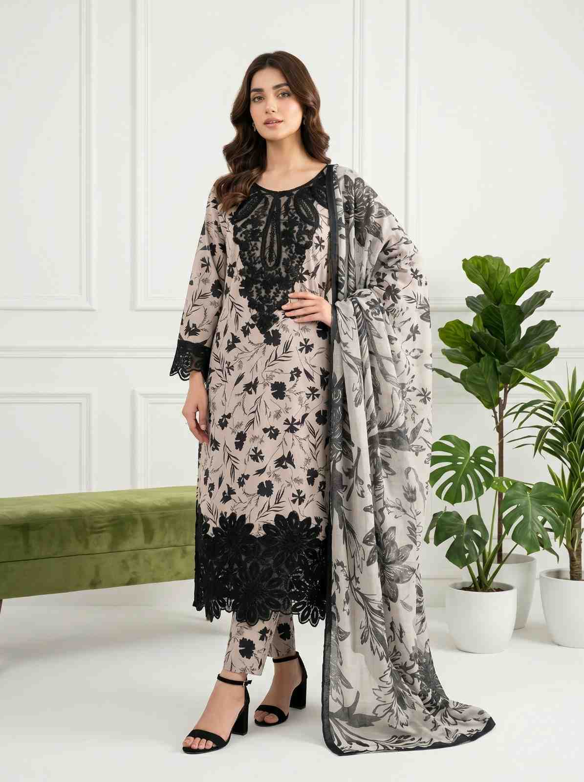 Embroidered Printed Cotton 3 Piece Suit
