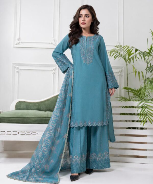 Blue Embroidered 3-Piece Cotton Suit